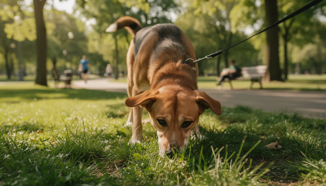 Pies węszący w trawie podczas spaceru w parku, z wyraźnym zainteresowaniem eksploruje otoczenie, co może być oznaką poszukiwania pasożytów zewnętrznych lub innych interesujących zapachów. Regularne odrobaczanie psa jest kluczowe dla jego zdrowia, aby uniknąć zarażenia robakami jelitowymi i innymi pasożytami.