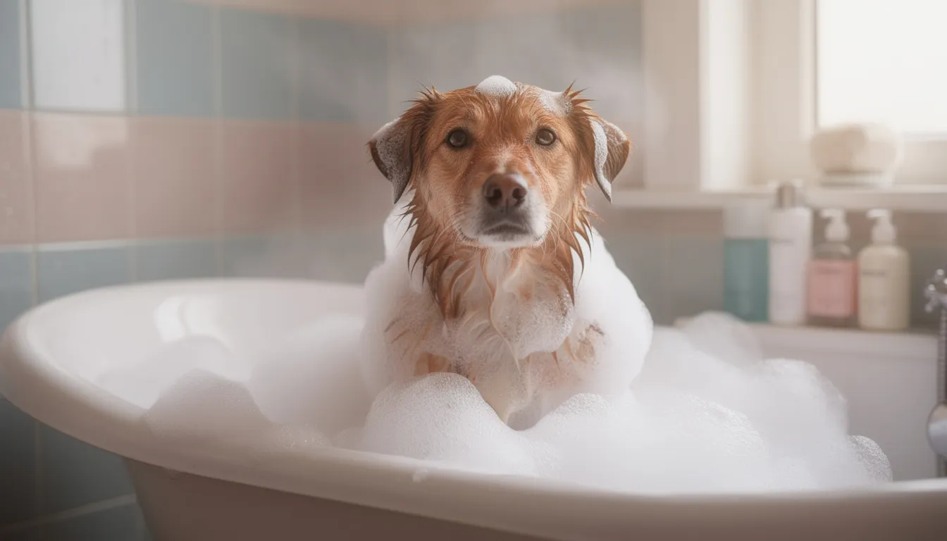 Na obrazku widać psa kąpiącego się w wannie, pokrytego pianą, co może być częścią procesu leczenia grzybicy u psa. Pies wygląda na zrelaksowanego, a woda w wannie sugeruje, że jest to zabieg mający na celu poprawę jego zdrowia i higieny, co jest istotne w przypadku infekcji grzybiczych.