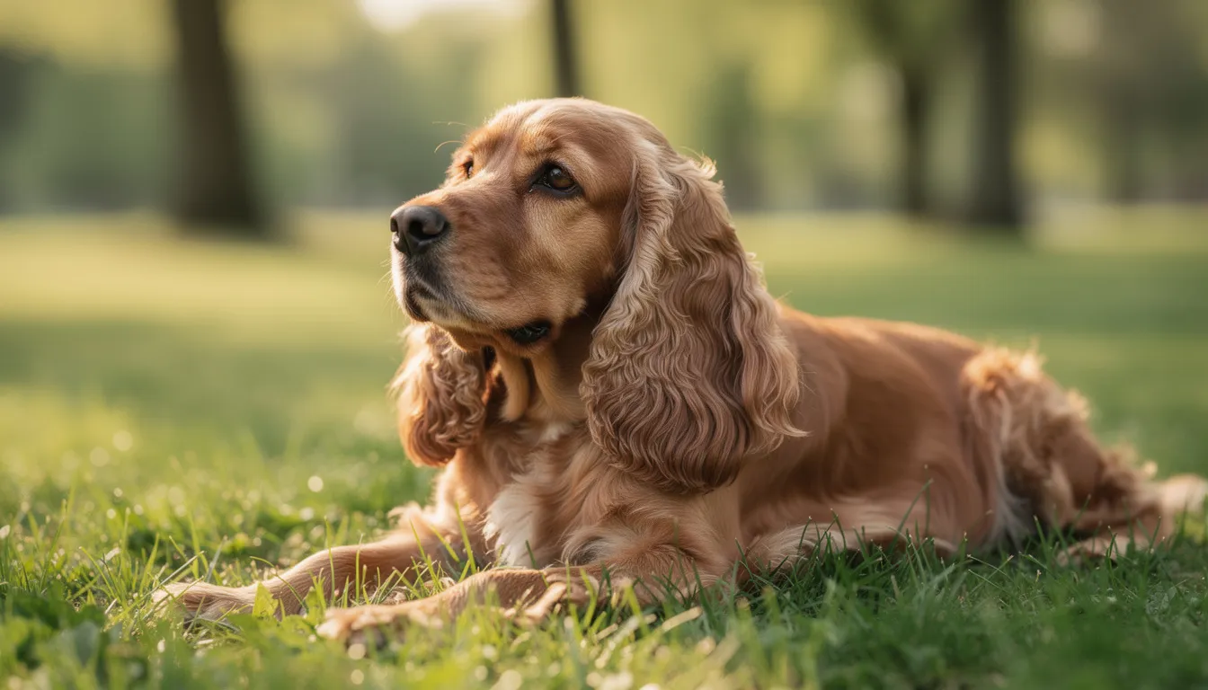 Na zdjęciu leży pies rasy cocker spaniel z długimi, opadającymi uszami, na zielonej trawie. Jego skóra może być narażona na infekcje grzybicze, co wymaga regularnej kontroli i dbałości o zdrowie psa.