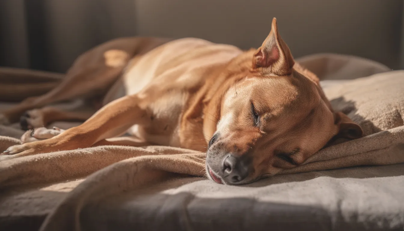 Na kocu leży pies, który wygląda na zmęczonego i zrelaksowanego, z wyraźnym oznakowaniem zmniejszonej aktywności fizycznej. Jego temperatura ciała może być regularnie monitorowana, aby upewnić się, że jest w zdrowiu i nie ma objawów gorączki.