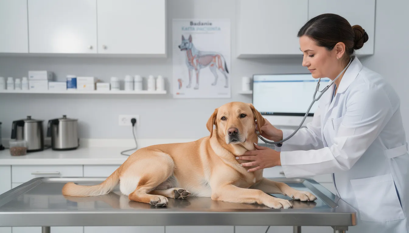 Na zdjęciu widoczny jest pies rasy labrador, który leży spokojnie na stole w gabinecie weterynaryjnym, podczas badania przez lekarza weterynarii. Weterynarz sprawdza stan zdrowia psa, zwracając uwagę na ewentualne zmiany skórne, w tym tłuszczaki, które mogą powodować dyskomfort lub wymagać pilnej interwencji chirurgicznej.