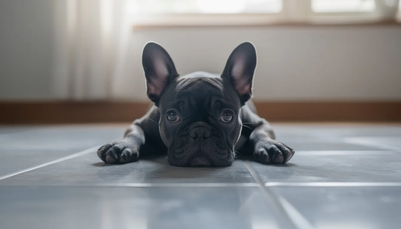 Na chłodnej podłodze leży mały buldog, który relaksuje się w spokojnej pozycji. Jego temperatura ciała jest prawdopodobnie w normie, co wskazuje na zdrowie i komfort zwierzęcia.
