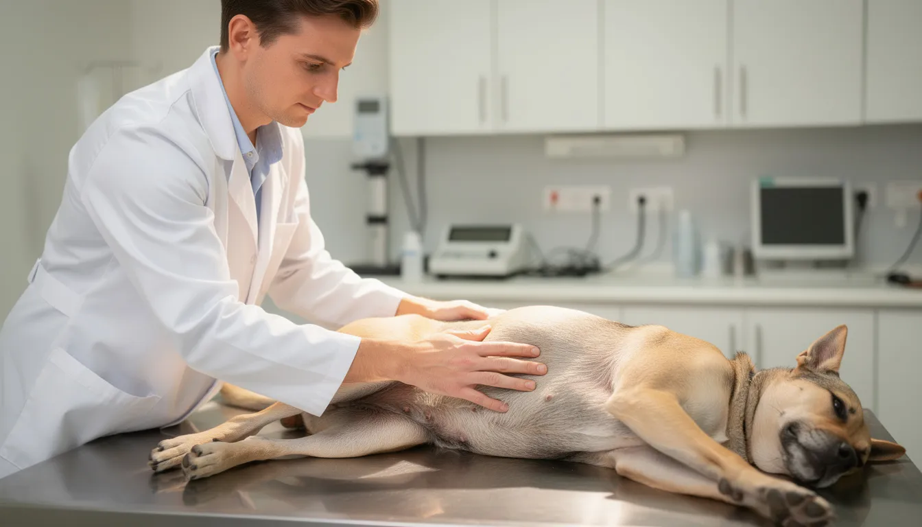 Na obrazku widzimy weterynarza w białym fartuchu, który przeprowadza badanie palpacyjne brzucha psa na stole. Specjalista ocenia tkanki podskórne, aby zidentyfikować ewentualne zmiany skórne, takie jak tłuszczaki, które mogą powodować dyskomfort u czworonoga.