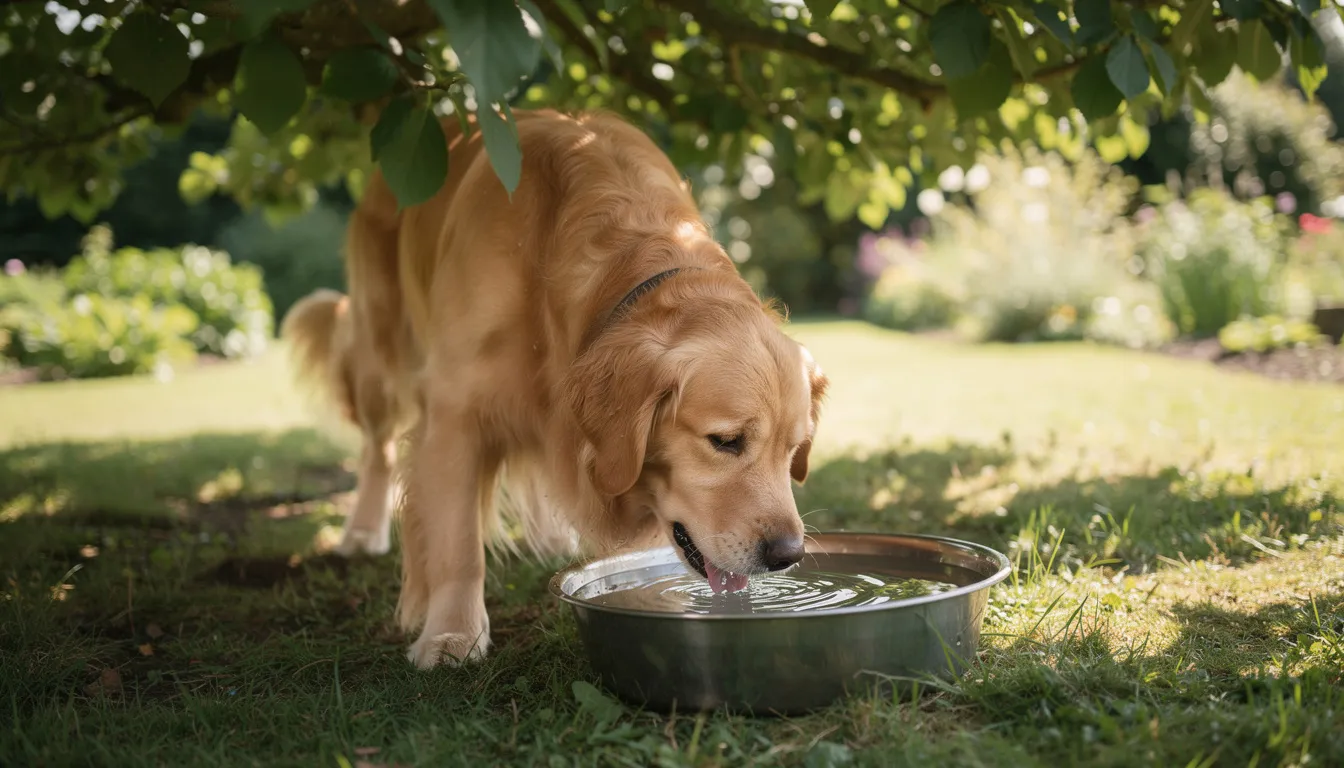 Na obrazku widoczny jest złoty retriever, który pije wodę z miski w cieniu drzewa. Pies, w gorący dzień, korzysta z chłodnej wody, co jest ważne dla utrzymania prawidłowej temperatury ciała psa.