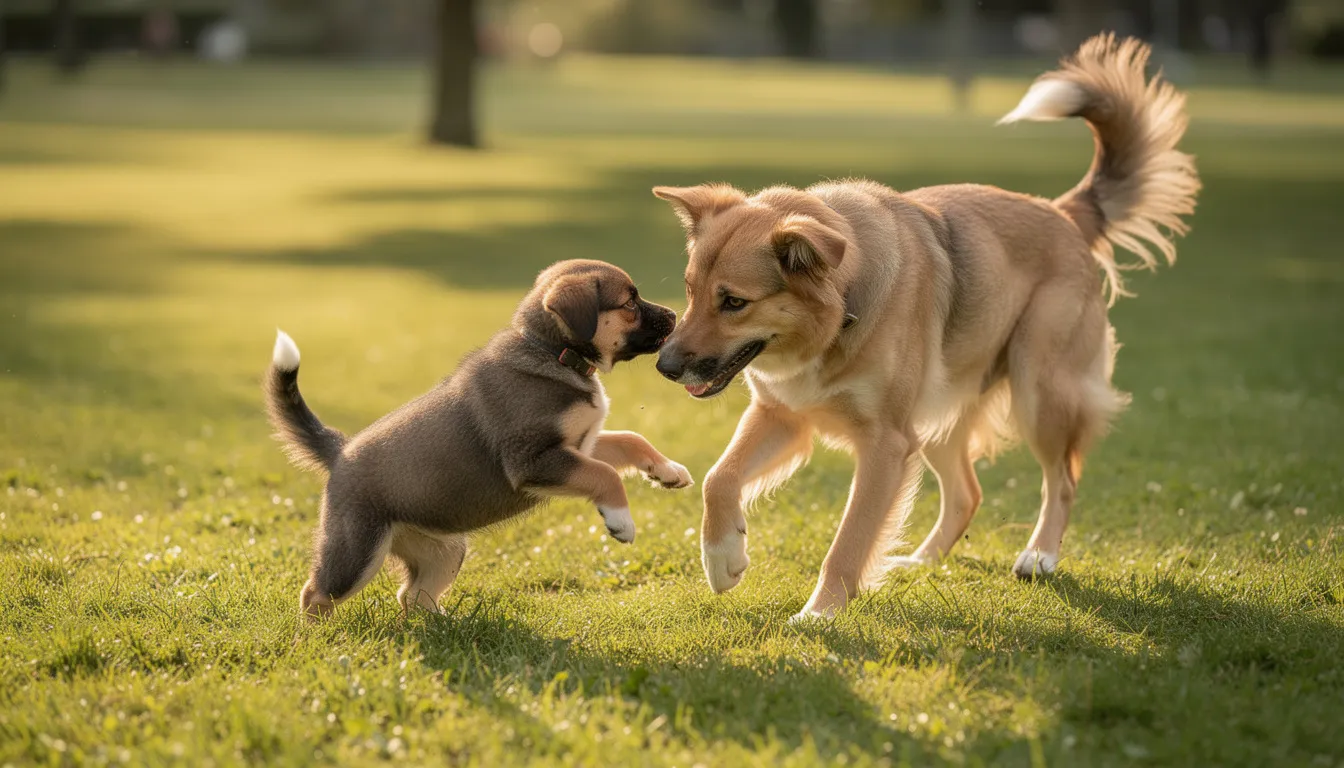 Na zdjęciu widoczny jest szczeniak bawiący się z matką na zielonej trawie, ciesząc się beztroskimi chwilami. Obie postacie są zdrowe, co jest istotne dla ich funkcjonowania organizmu, a regularne odrobaczanie psa jest kluczowe dla ich dobrego samopoczucia.